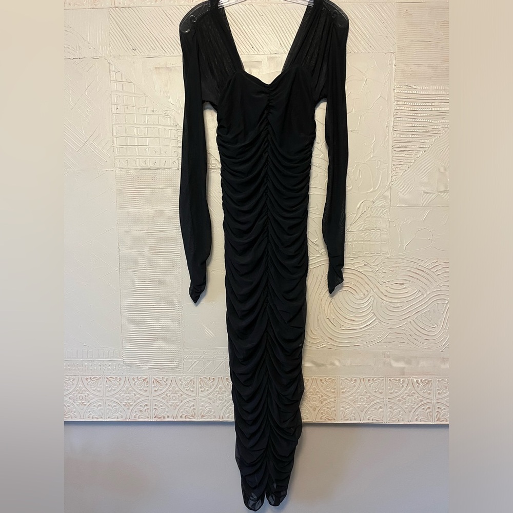 EUC Black ruched sheer long sleeve stretch House of Harlow dress, size XS